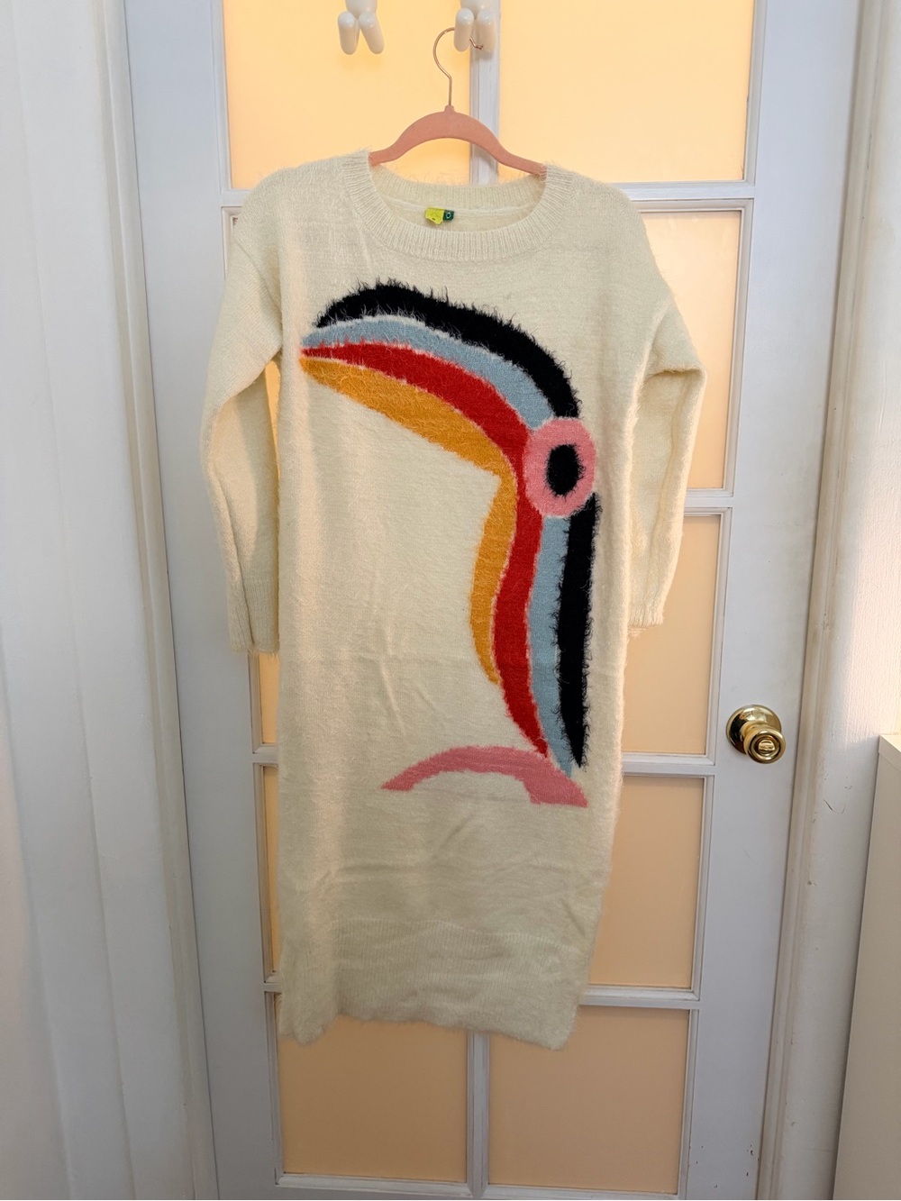 FARM Rio Fuzzy Ivory Sweater Dress with Multicolor Toucan – Size Small